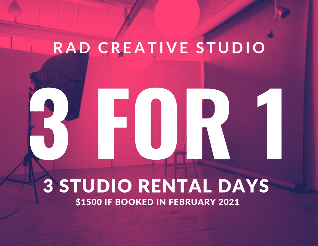 3 studio rental days for the price of 1 this month only!